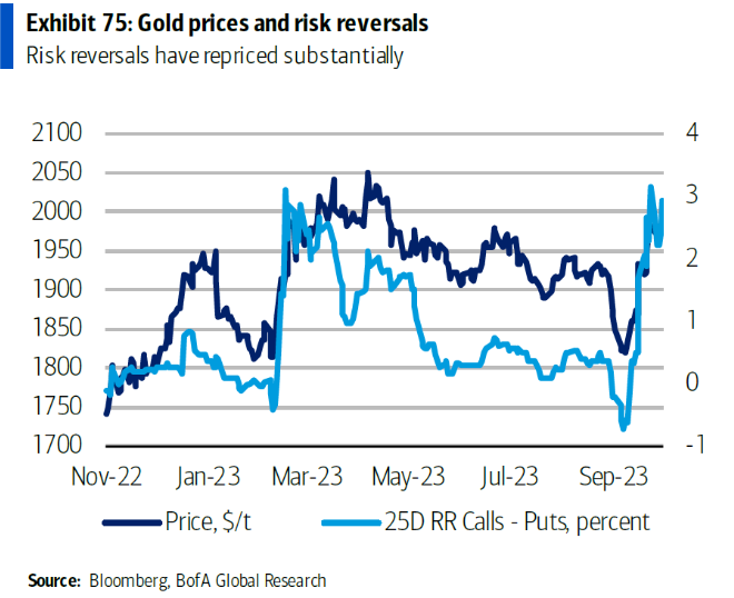 Chart Gold Price and risk reversal Bloomberg and BofA Global Reseach 11-28-23