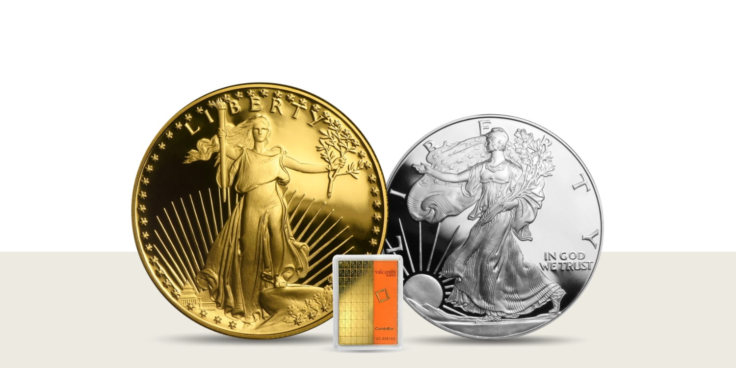 Real A Gold American Eagle Coin, next to a Silver American Eagle Coin next to a Volcambi Gram Bar
